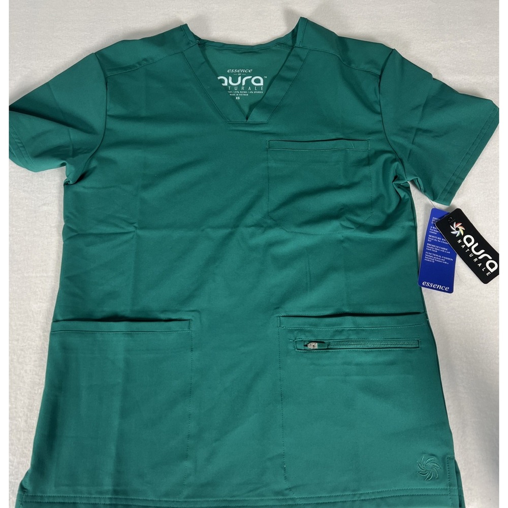 Aura Naturale Essence Clyde Men's Scrub Top XS Hunter Green V-Neck 5 Pocket NWT
